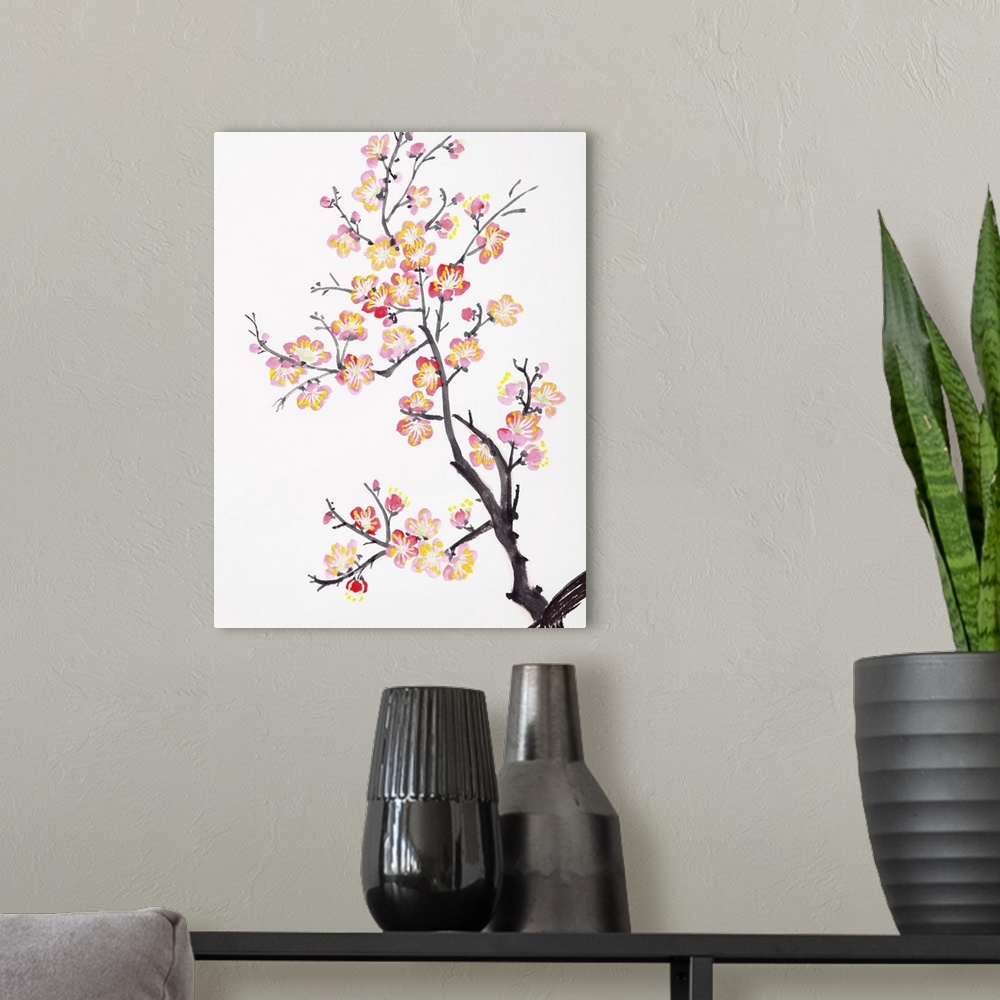 A modern room featuring Traditional Chinese painting of flowers, close-up of plum blossoms on a white background.