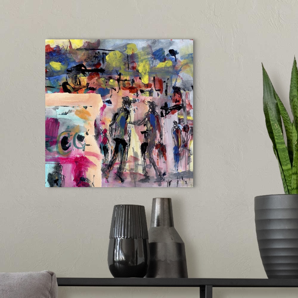 A modern room featuring Abstract painting with figures, artistic background.