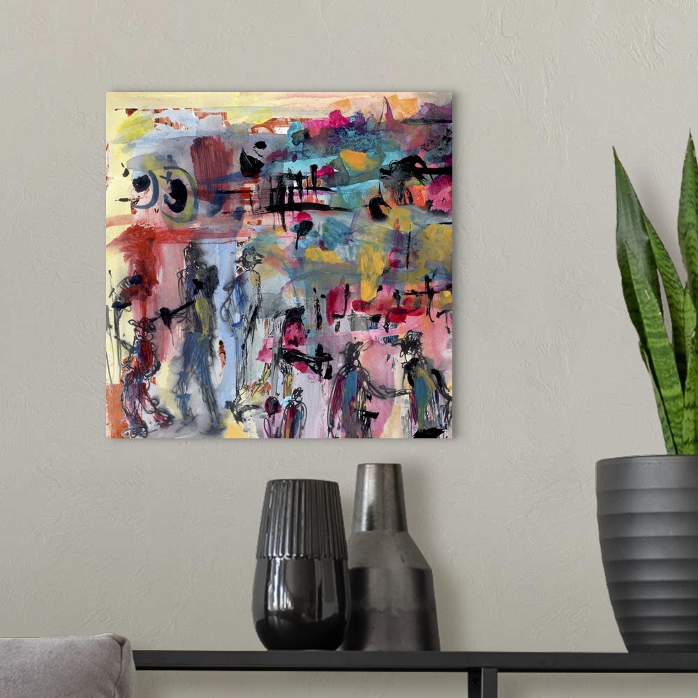 A modern room featuring Abstract acrylic painting with figures, artistic background.