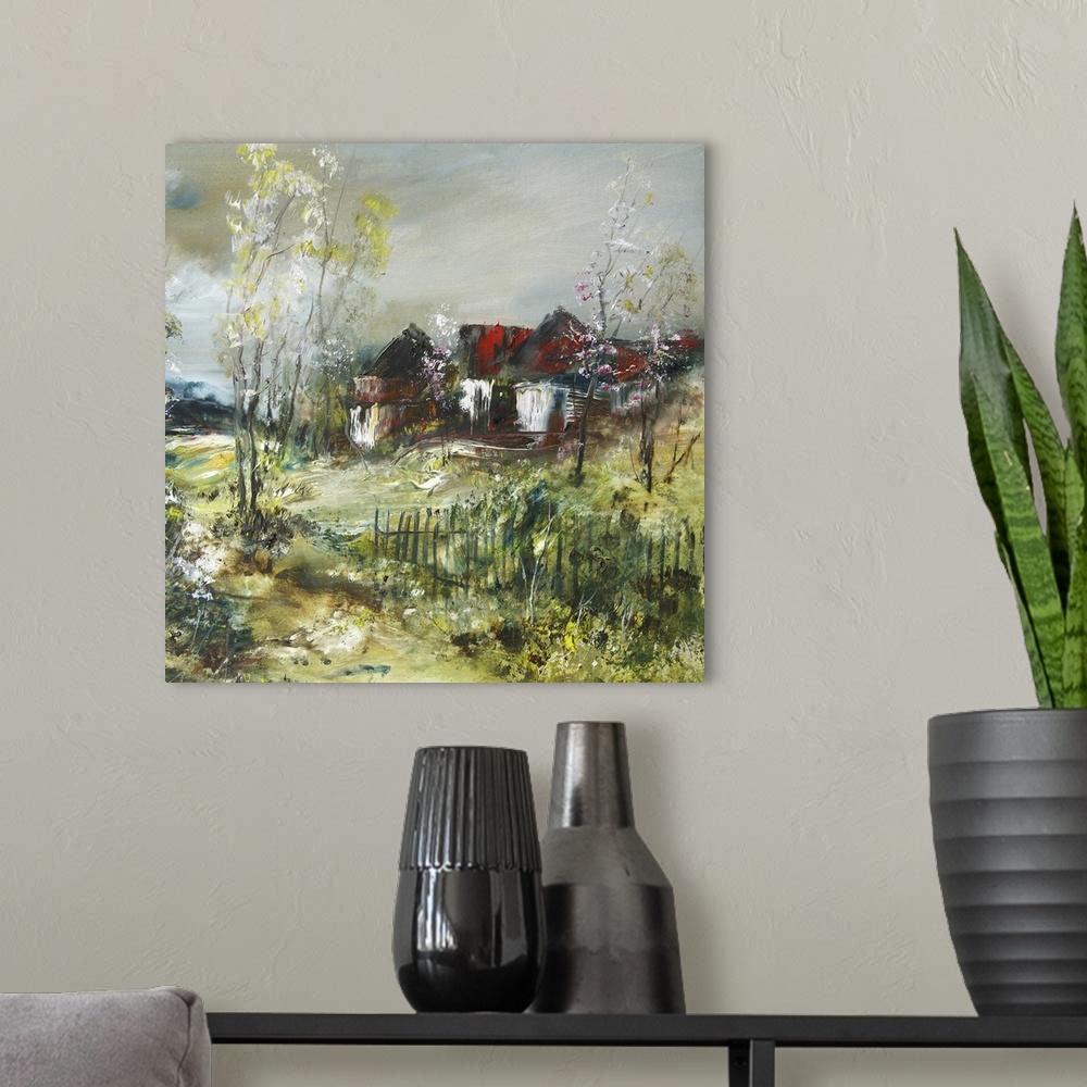 A modern room featuring Village in the spring, originally an oil painting/illustration.