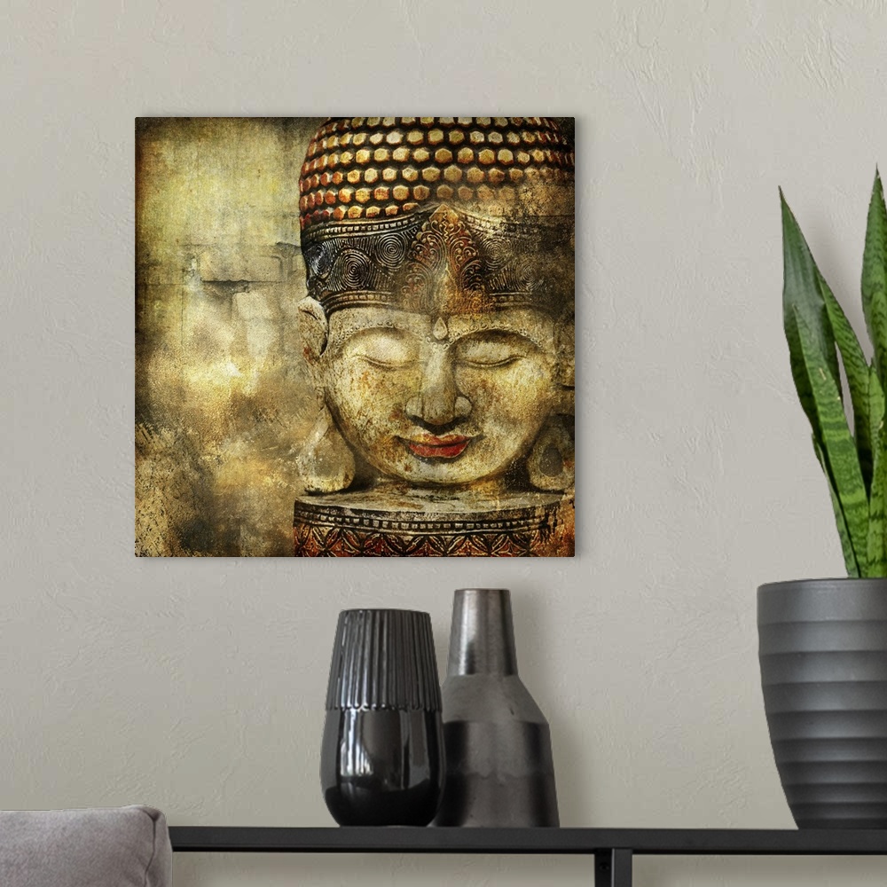 A modern room featuring Vintage image with Buddha head.