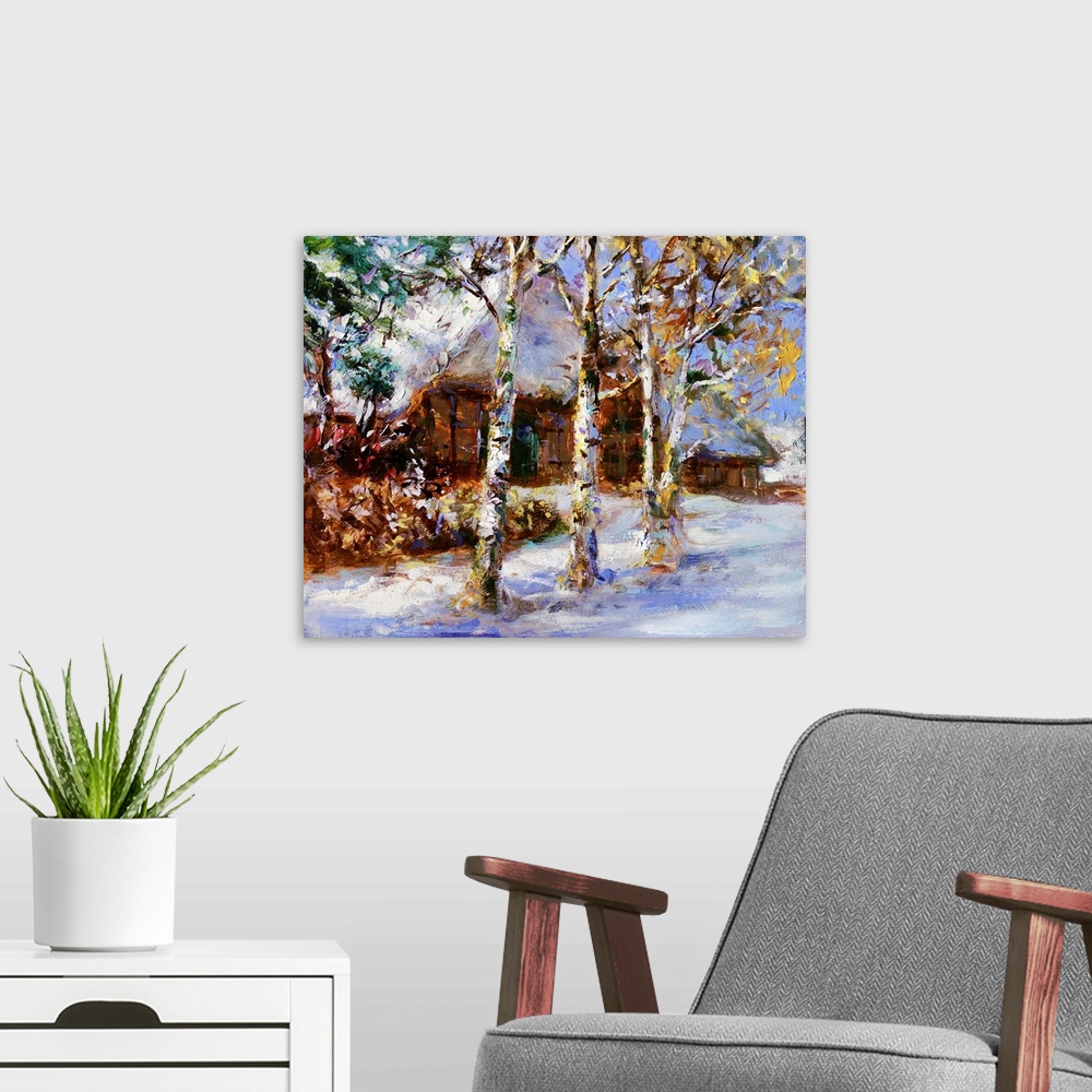 A modern room featuring Winter landscape in lower saxony - acrylic and oil paints on hardboard.