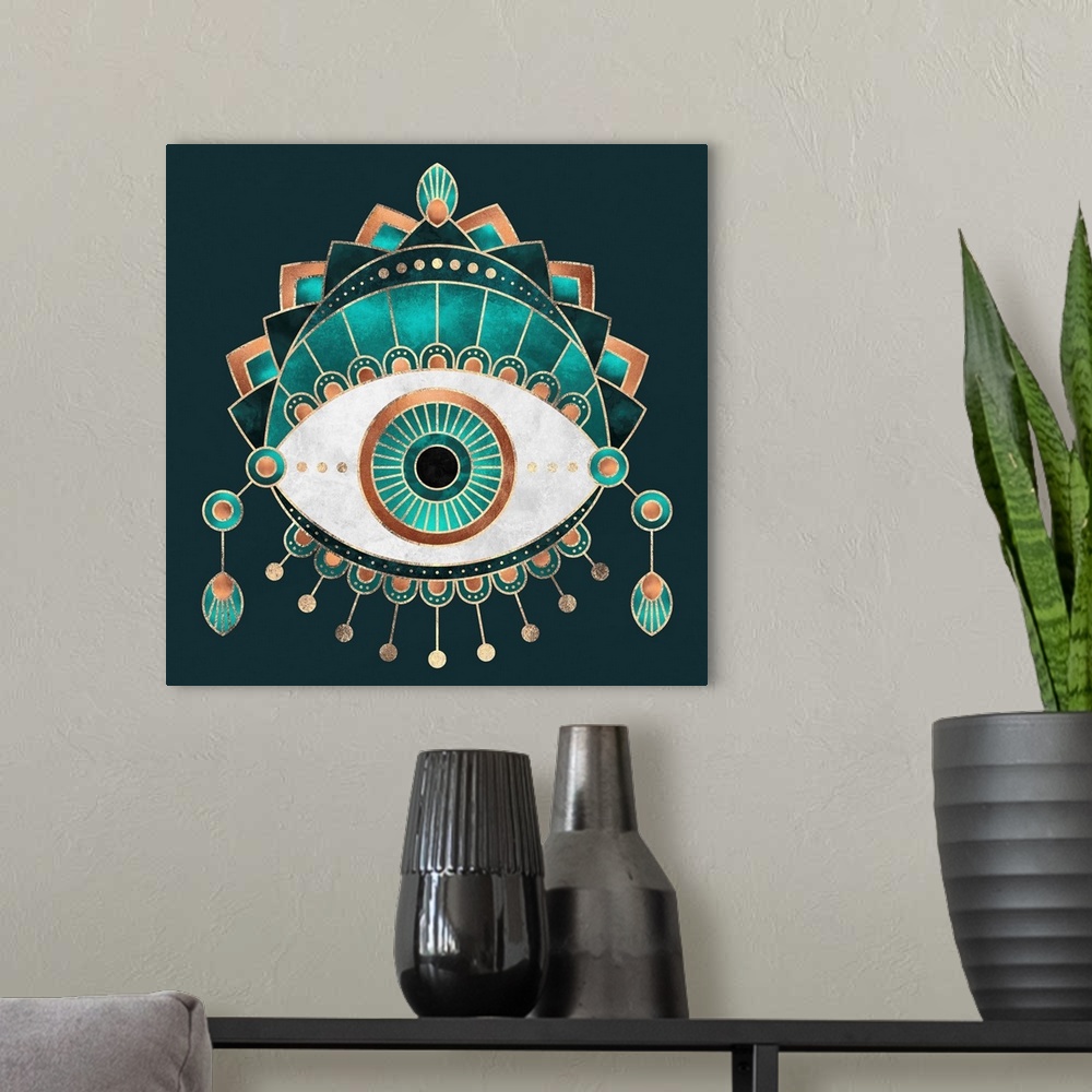 A modern room featuring Hindu-style design of an elaborately decorated eye in shades of teal and copper.