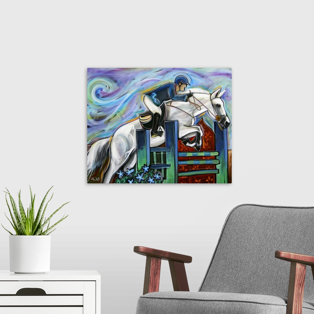 A modern room featuring Contemporary painting of a rider jumping a white horse over a green fence.