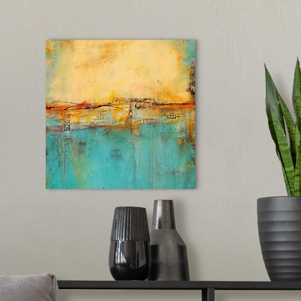 A modern room featuring A contemporary abstract painting with cool colors accented with warm, earthy tones.