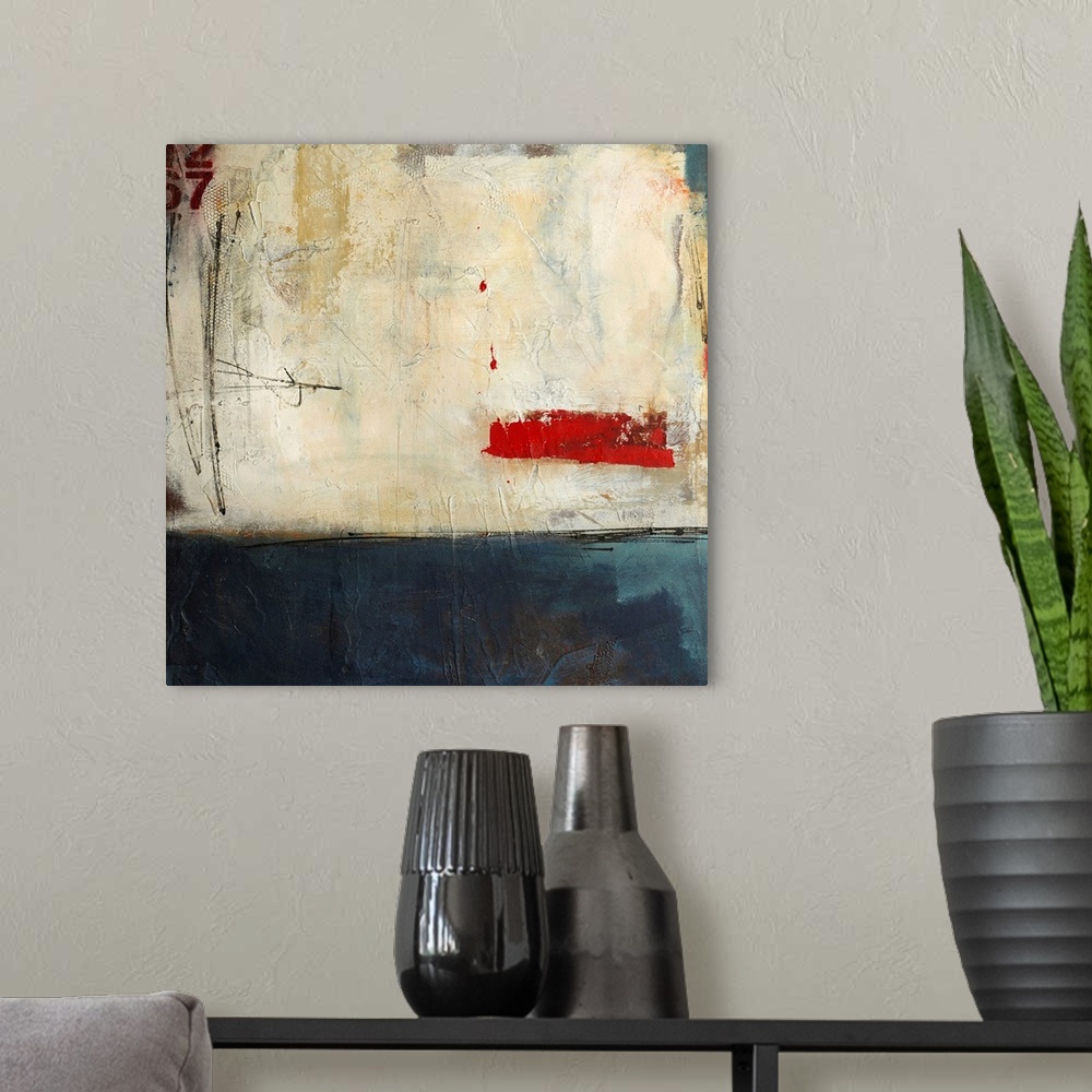 A modern room featuring This square shaped decorative wall art is an abstract painting that is slight reminiscent of the ...