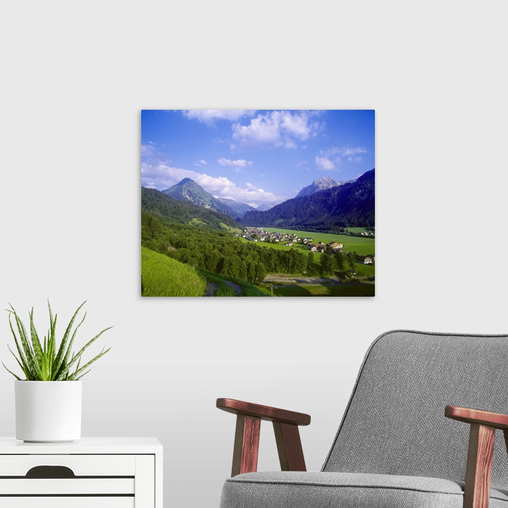 A modern room featuring Austria, Vorarlberg, Alps, Bregenzwald, Schoppernau, View of the village