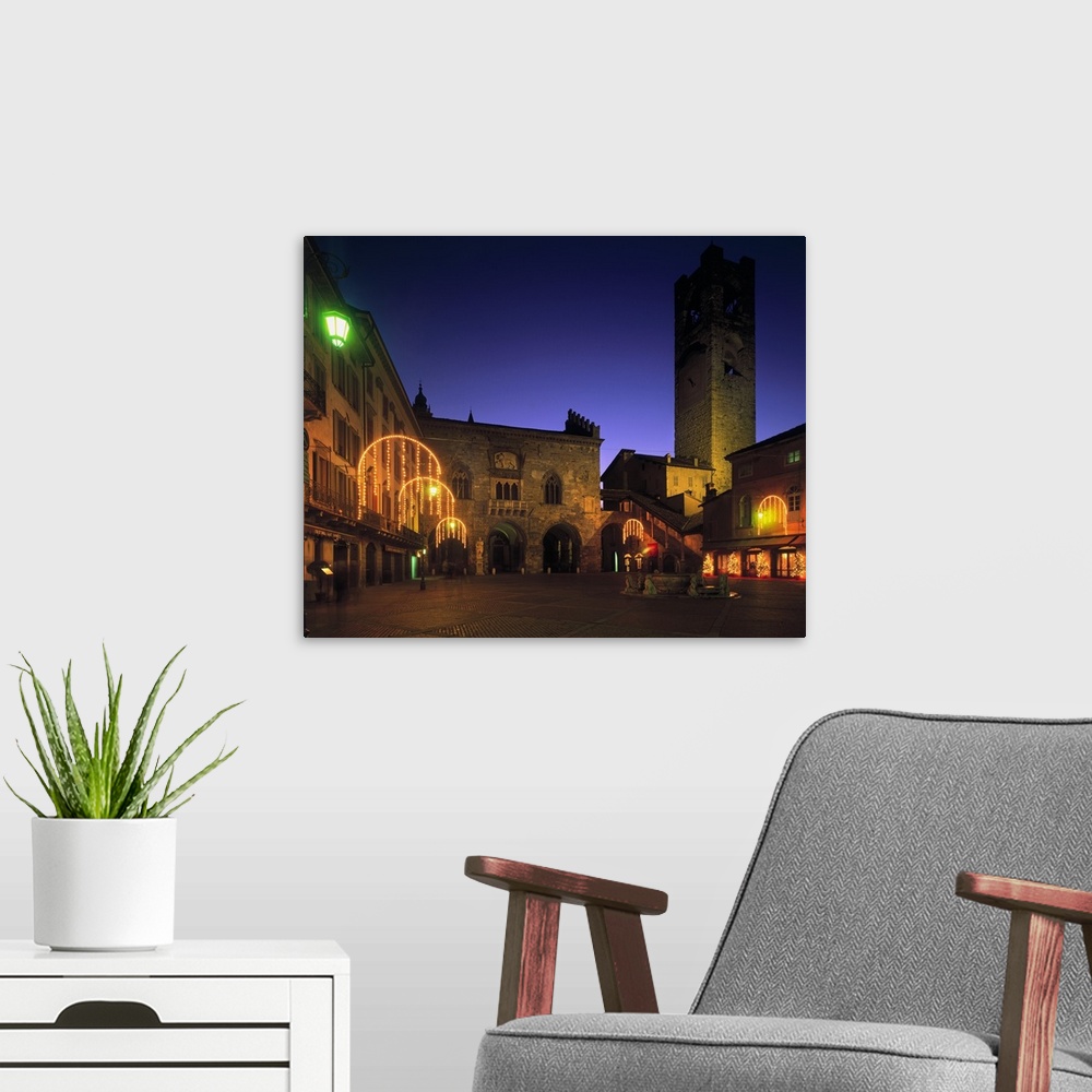 A modern room featuring Italy, Lombardy, The Piazza Vecchia in Alta Bergamo