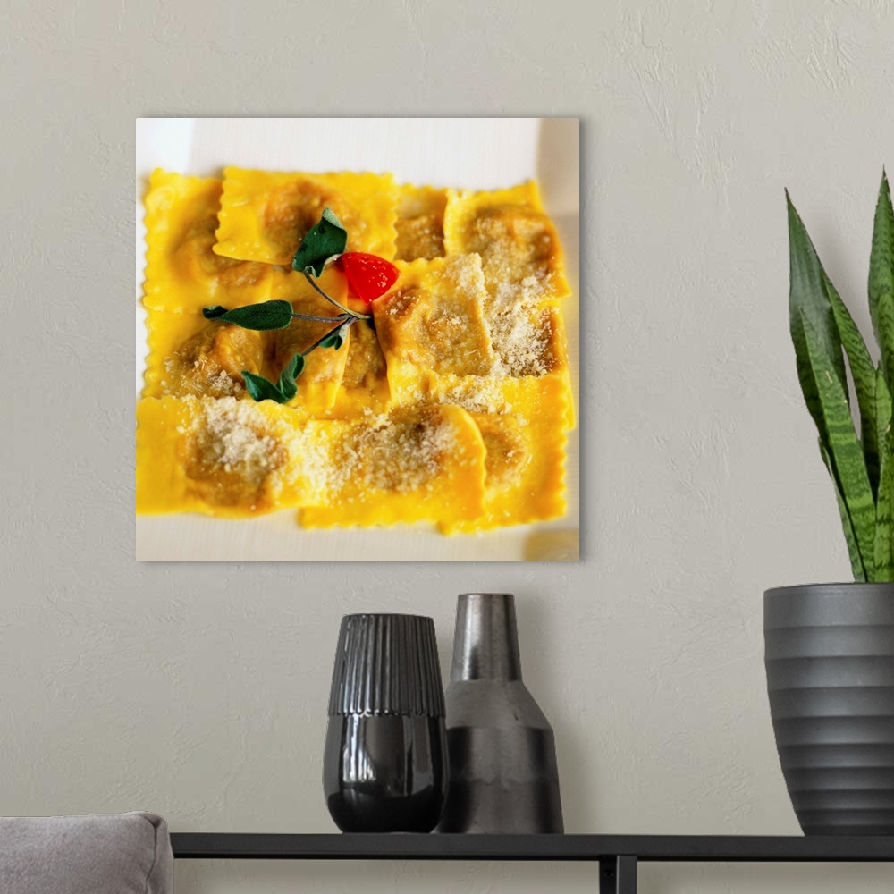 A modern room featuring Italy, Lombardy, Tortelli di Zuca (Pumpkin) at the Grifone Bianco Restaurant
