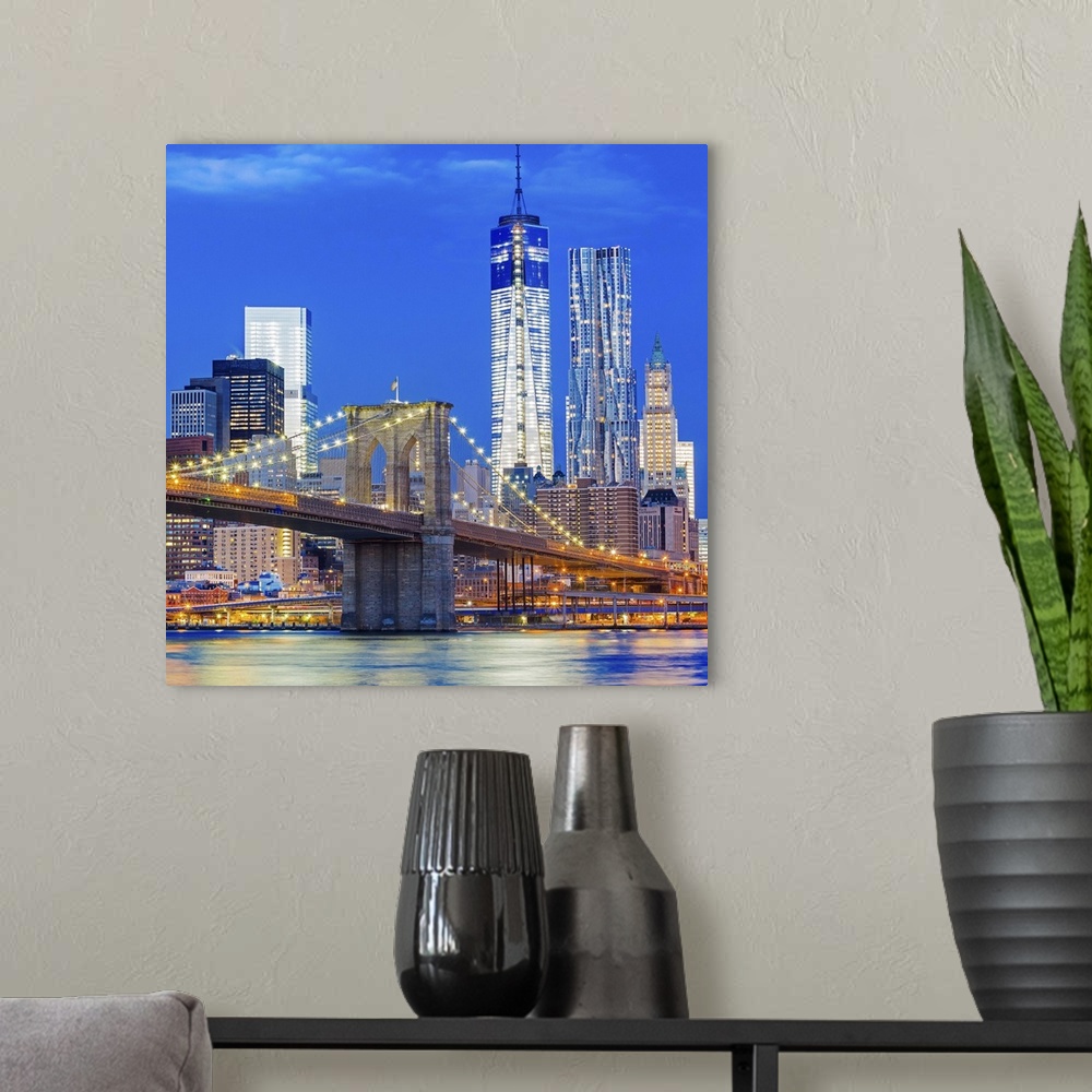 A modern room featuring USA, New York City, East River, Manhattan, Lower Manhattan, Brooklyn Bridge, Downtown Manhattan w...