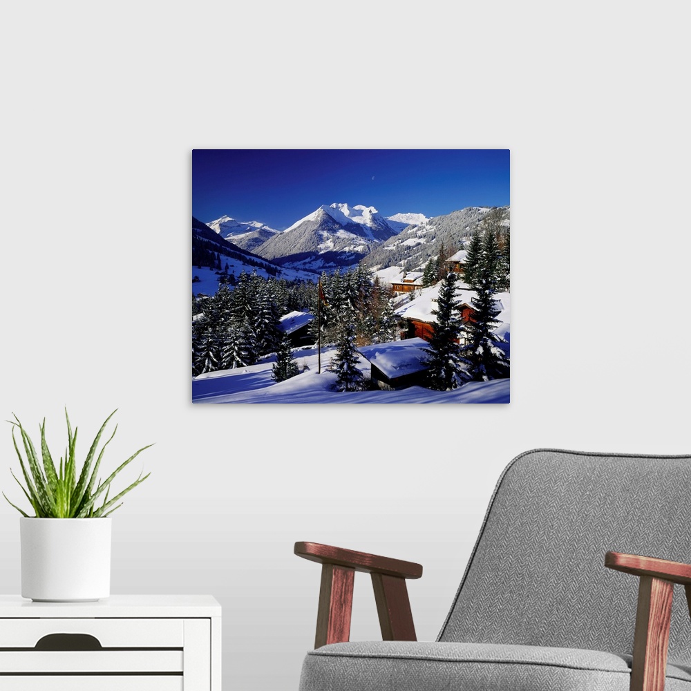 A modern room featuring Switzerland, Bern, Gstaad village, view towards Oldenhorn mountain