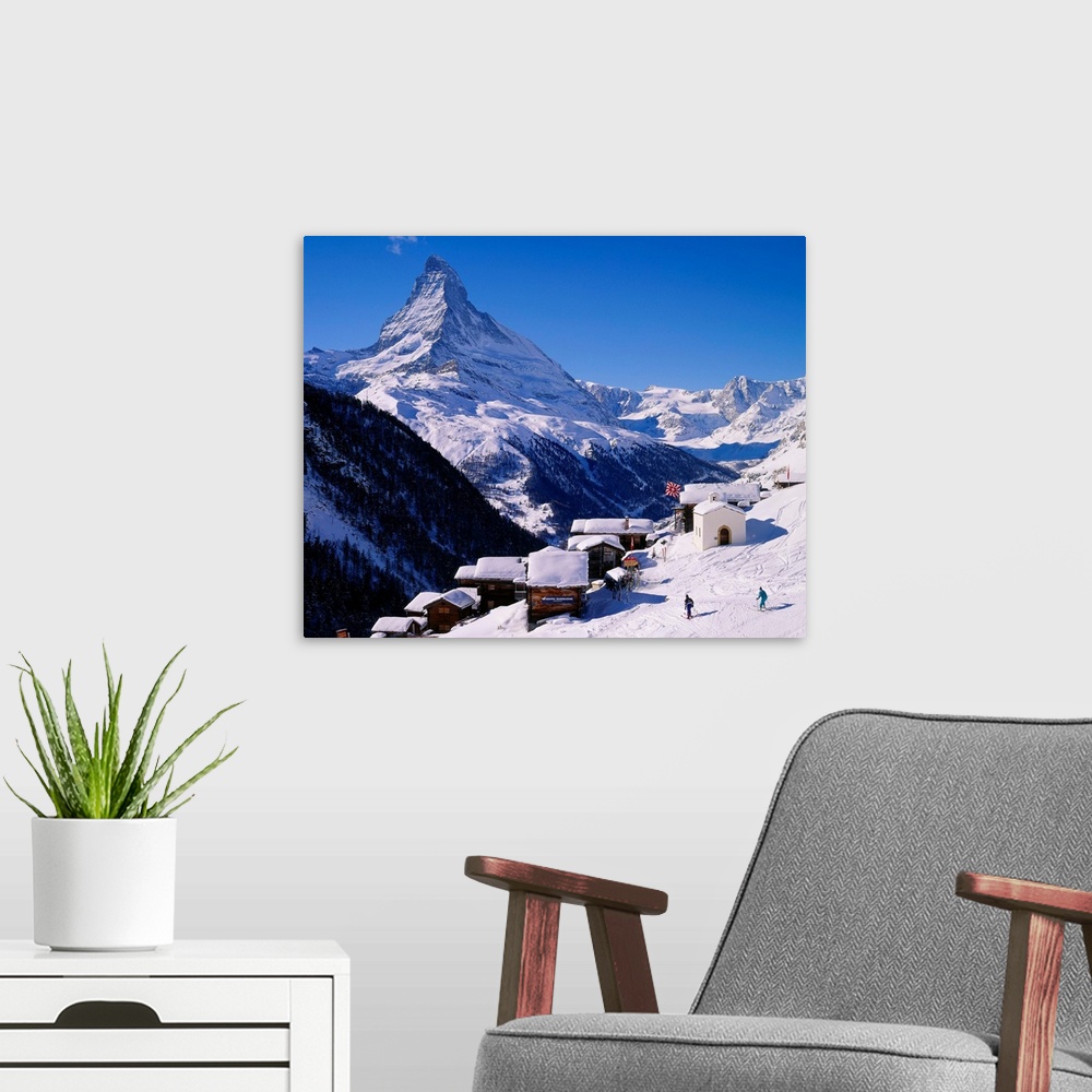 A modern room featuring Switzerland, Valais, Zermatt, view towards Findeln village and Matterhorn mountain