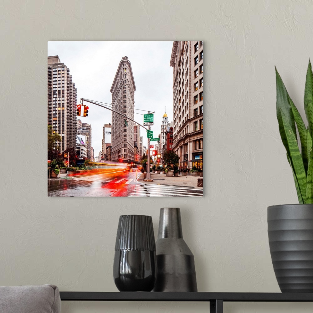 A modern room featuring USA, New York City, Flatiron Building with the rain.