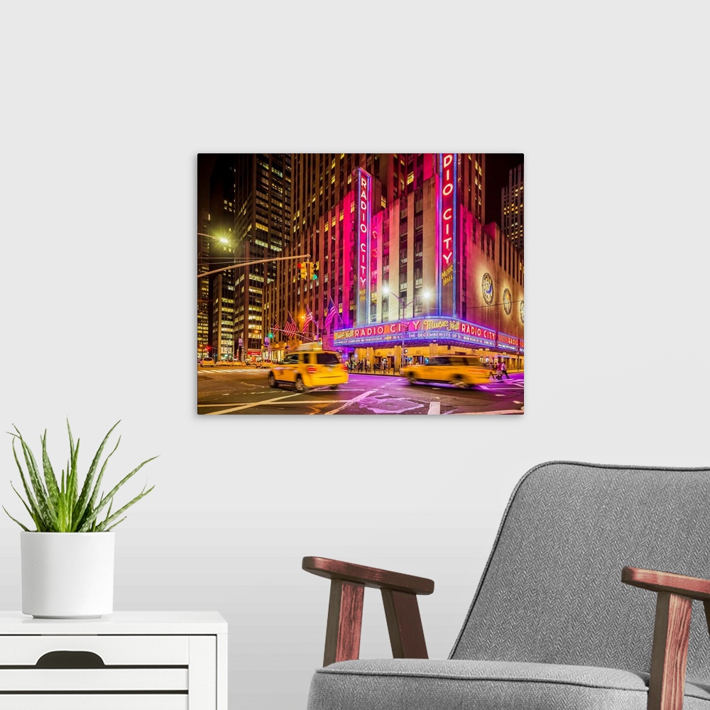 A modern room featuring USA, New York City, Manhattan, Midtown, Rockefeller Center, Radio City Music Hall, Taxis in the S...