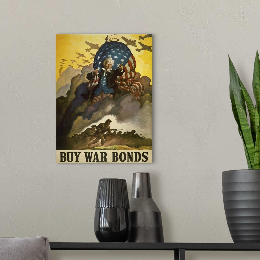 A modern room featuring Buy War Bonds. WWII Poster Of Uncle Sam