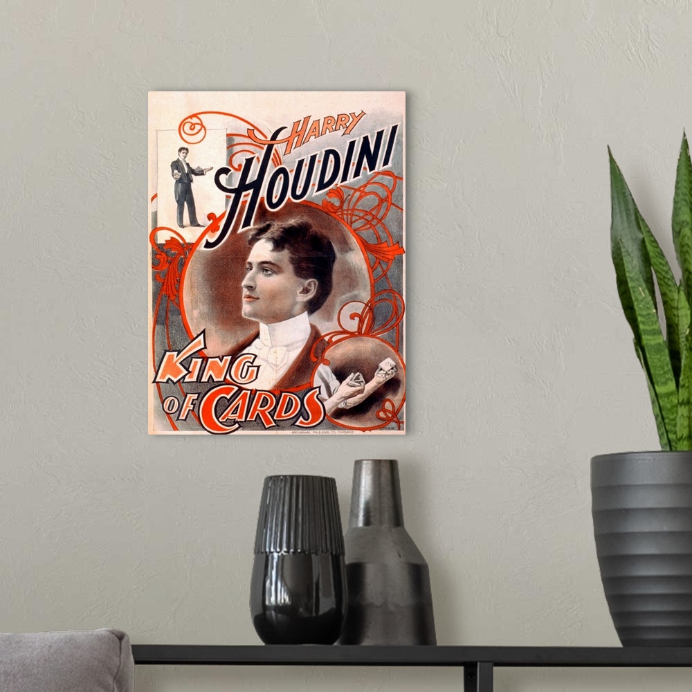 A modern room featuring Harry Houdini, King of Cards poster