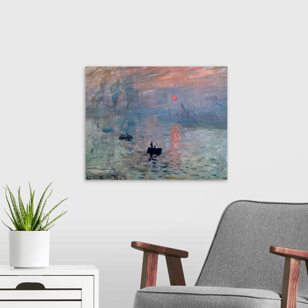 A modern room featuring 4294, Claude Monet, French School. Impression, Sunrise. 1872. Oil on canvas, 0.48 x 0.63 m. Paris...