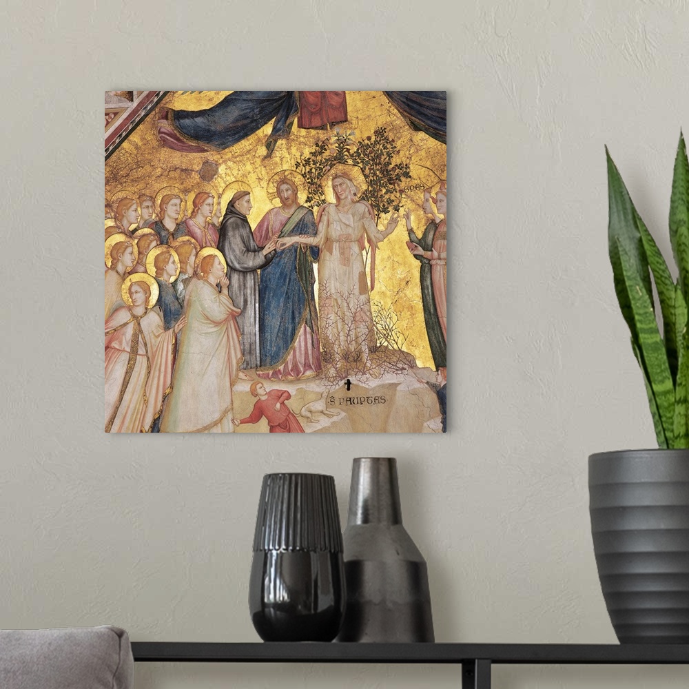 A modern room featuring The Mystical Marriage of St Francis to Poverty, by Giotto, co-workers and Giotto, 1315 about, 14t...
