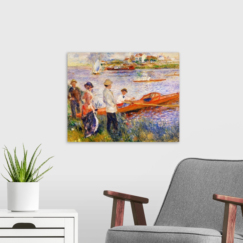 A modern room featuring 1131 , Pierre Auguste Renoir (1841-1919), French School. Oarsmen at Chatou. 1879. Oil on canvas.