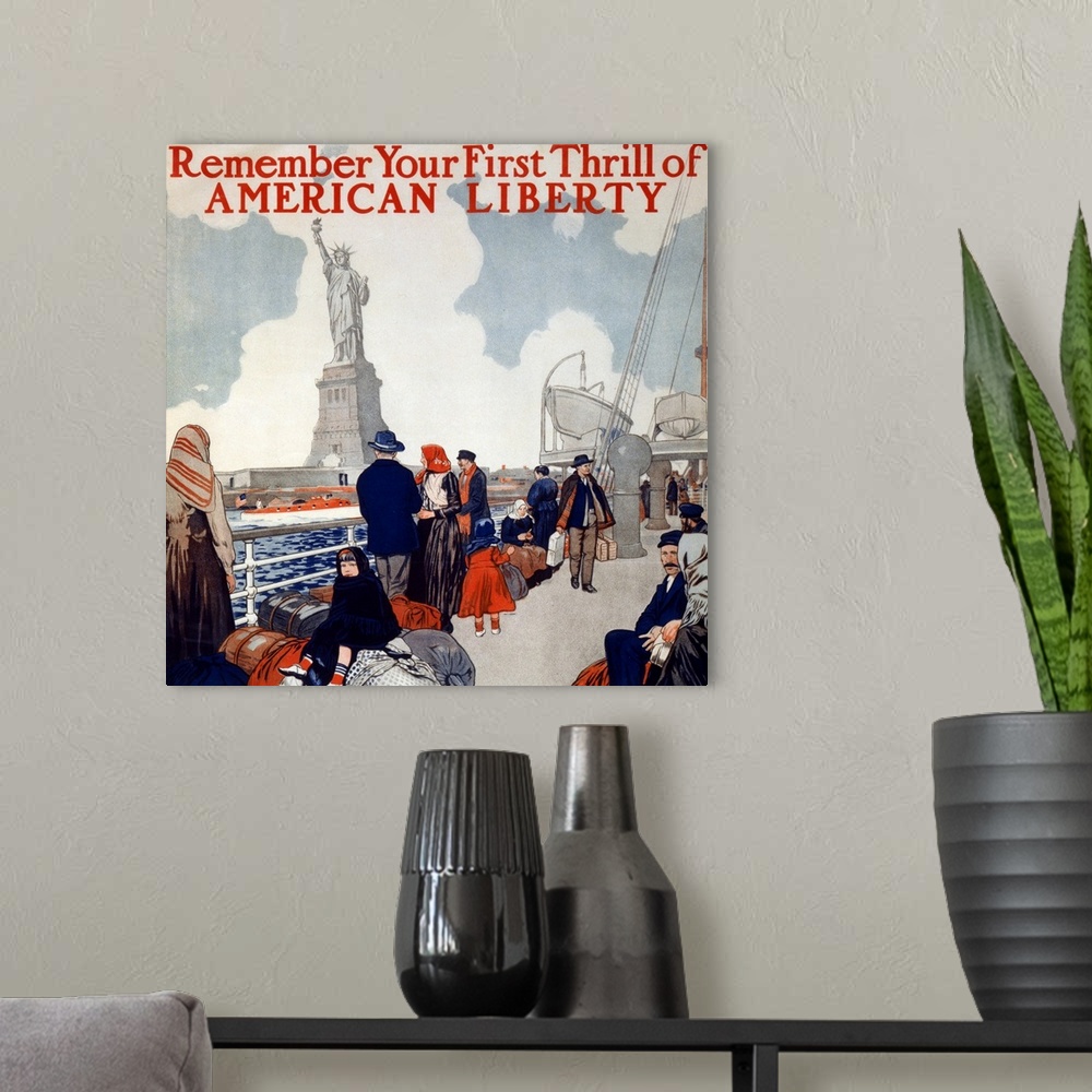 A modern room featuring Poster showing immigrants on a ship's deck, sailing past the Statue of Liberty