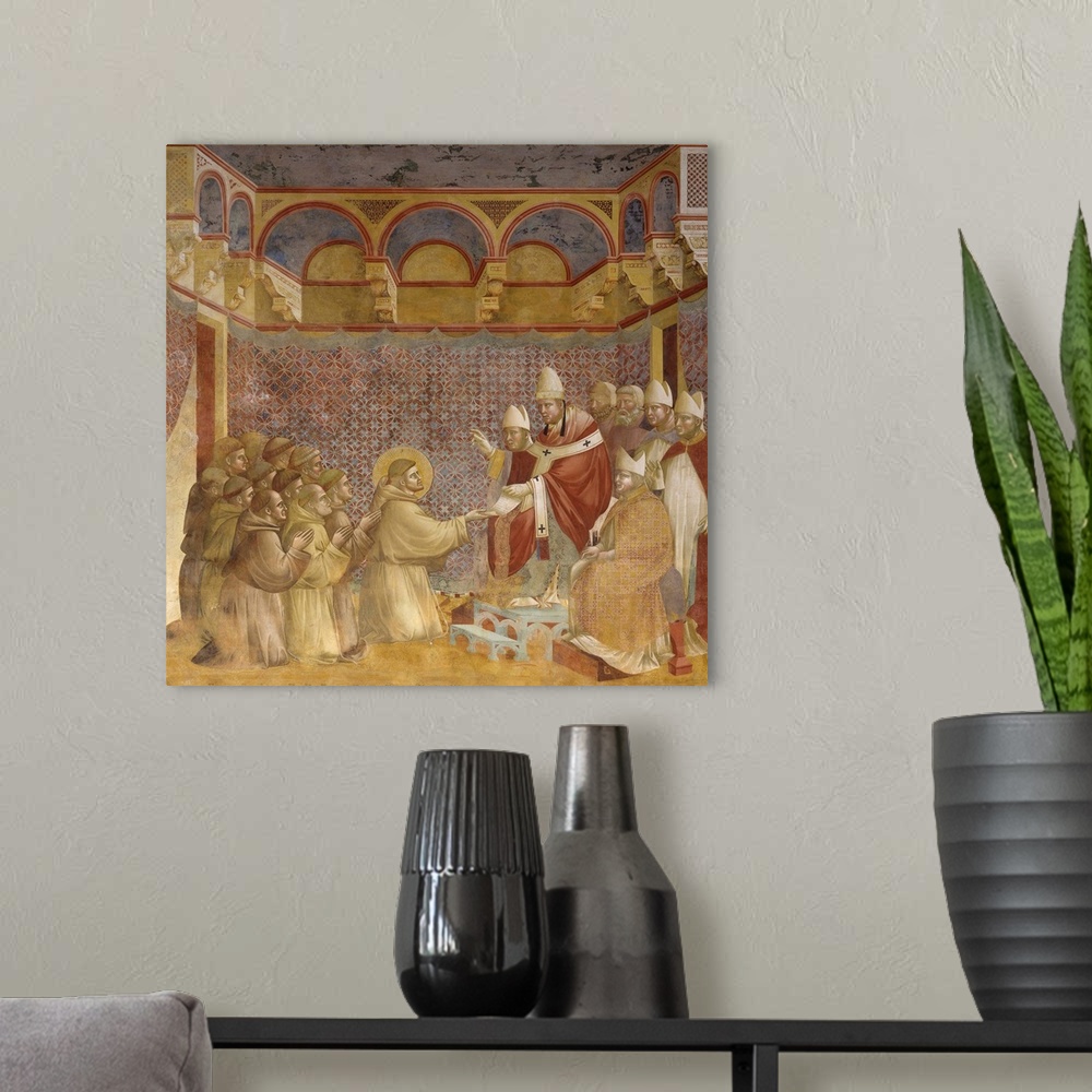 A modern room featuring Saint Francis And Friars Receiving Franciscan Rule From Pope, By Giotto, 1297-99.