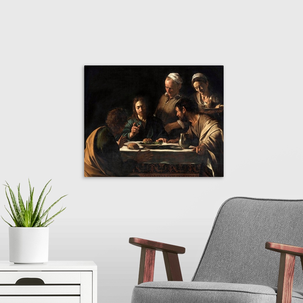 A modern room featuring The Supper at Emmaus, by Michelangelo Merisi known as Caravaggio, 1606 about, 17th Century, oil o...