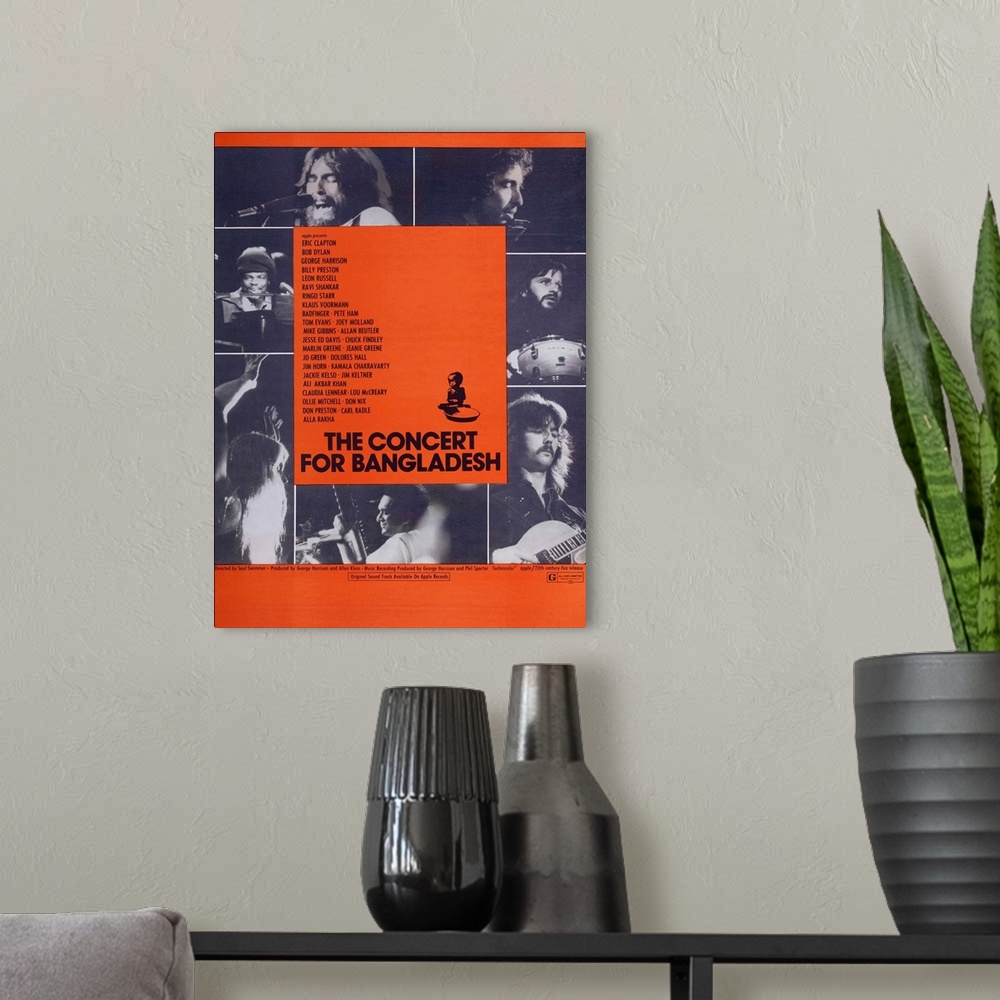 A modern room featuring THE CONCERT FOR BANGLADESH, US poster art, clockwise from top left: George Harrison, Bob Dylan, R...