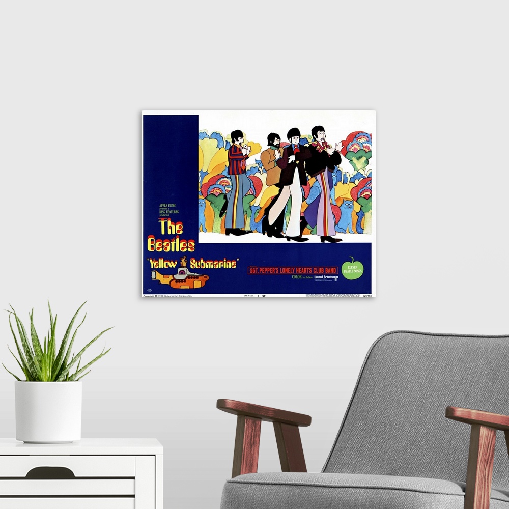 A modern room featuring Yellow Submarine, The Beatles, US Poster, From Left: Ringo Starr, George Harrison, Paul Mccartney...