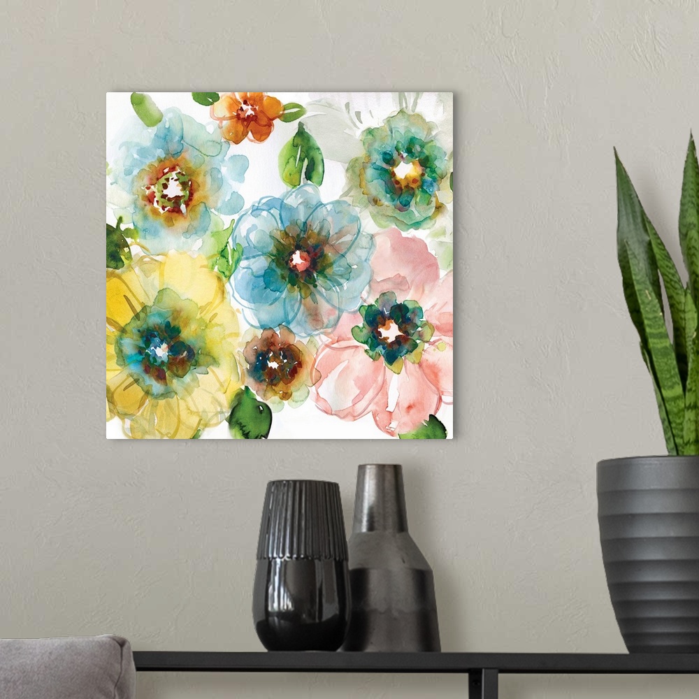 A modern room featuring Square watercolor painting of colorful flowers.