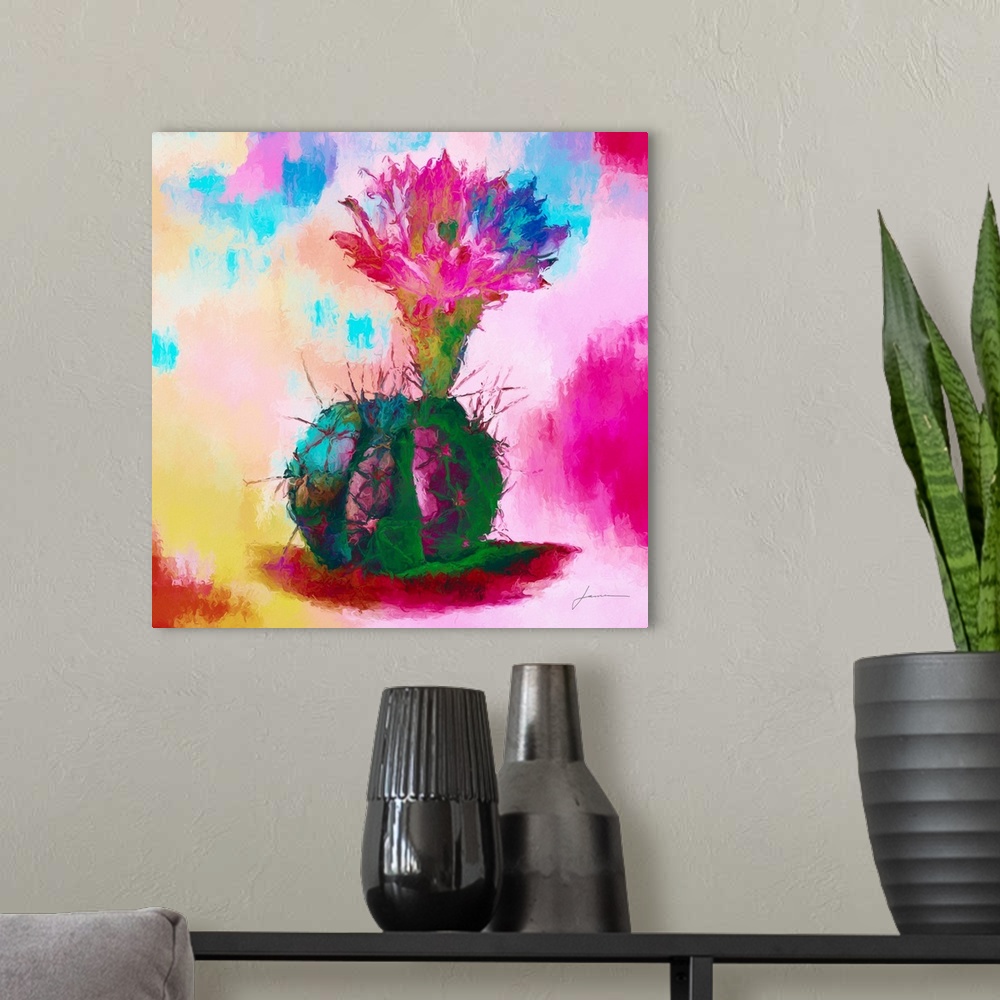 A modern room featuring A bright colored image of a rounded cactus with a large bloom on a multi-colored backdrop.