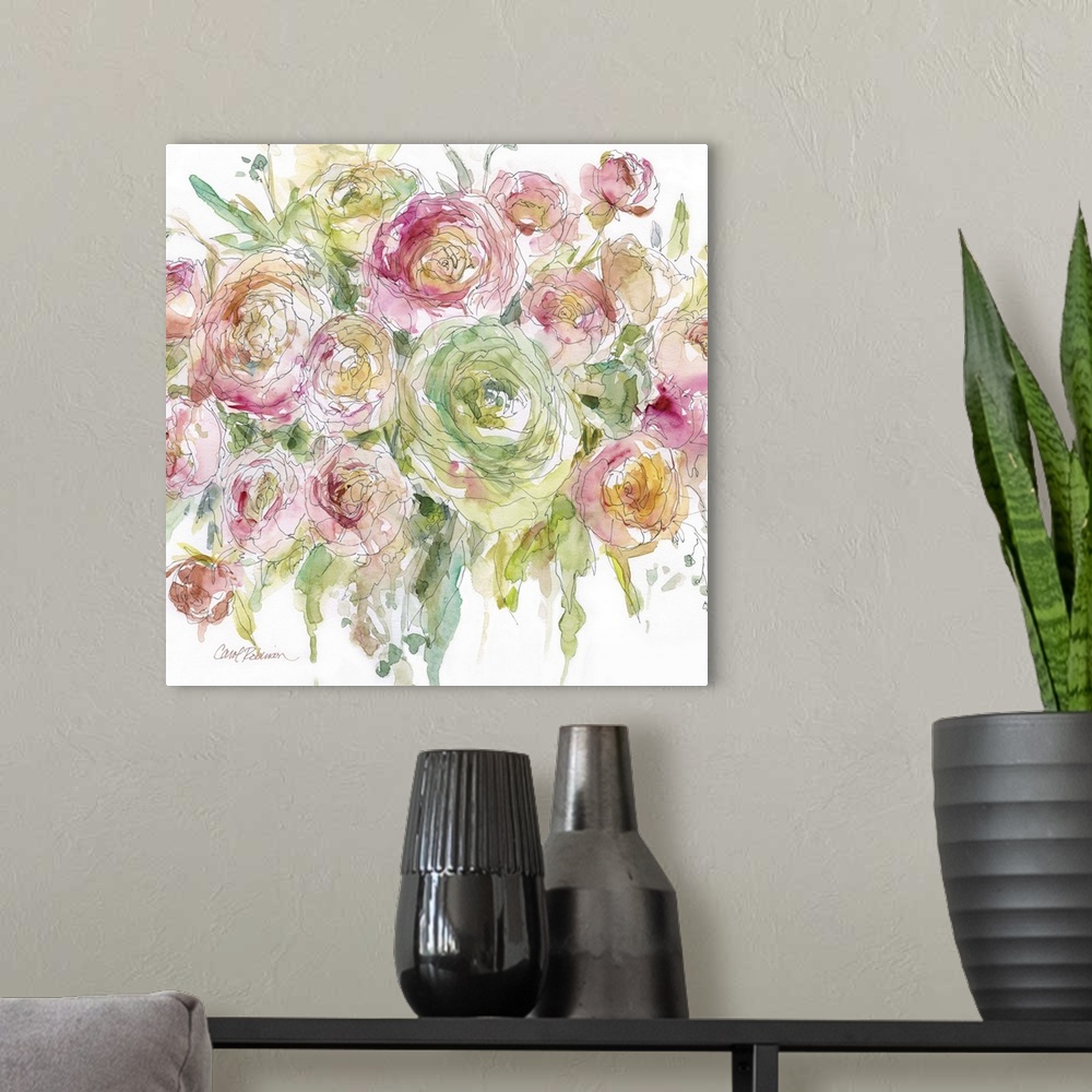 A modern room featuring A watercolor painting of a bouquet of flowers.