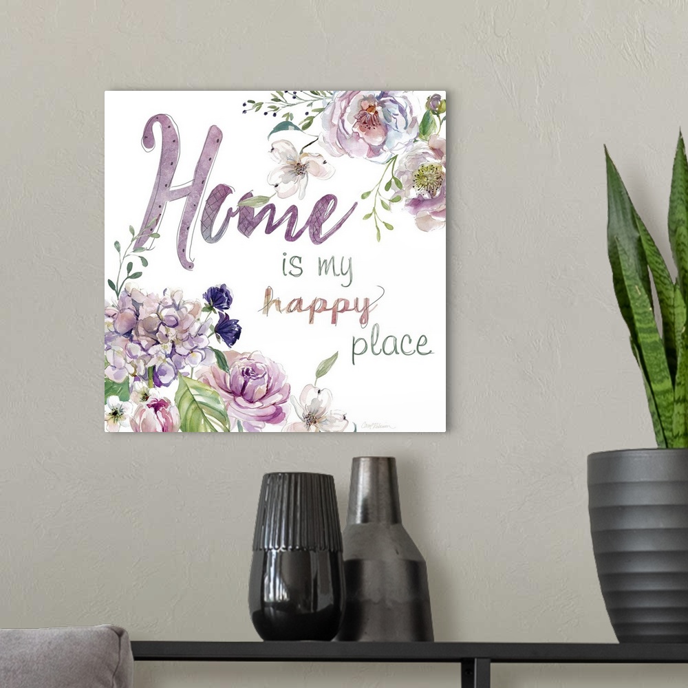 A modern room featuring "Home is My Happy Place" with watercolor flowers.