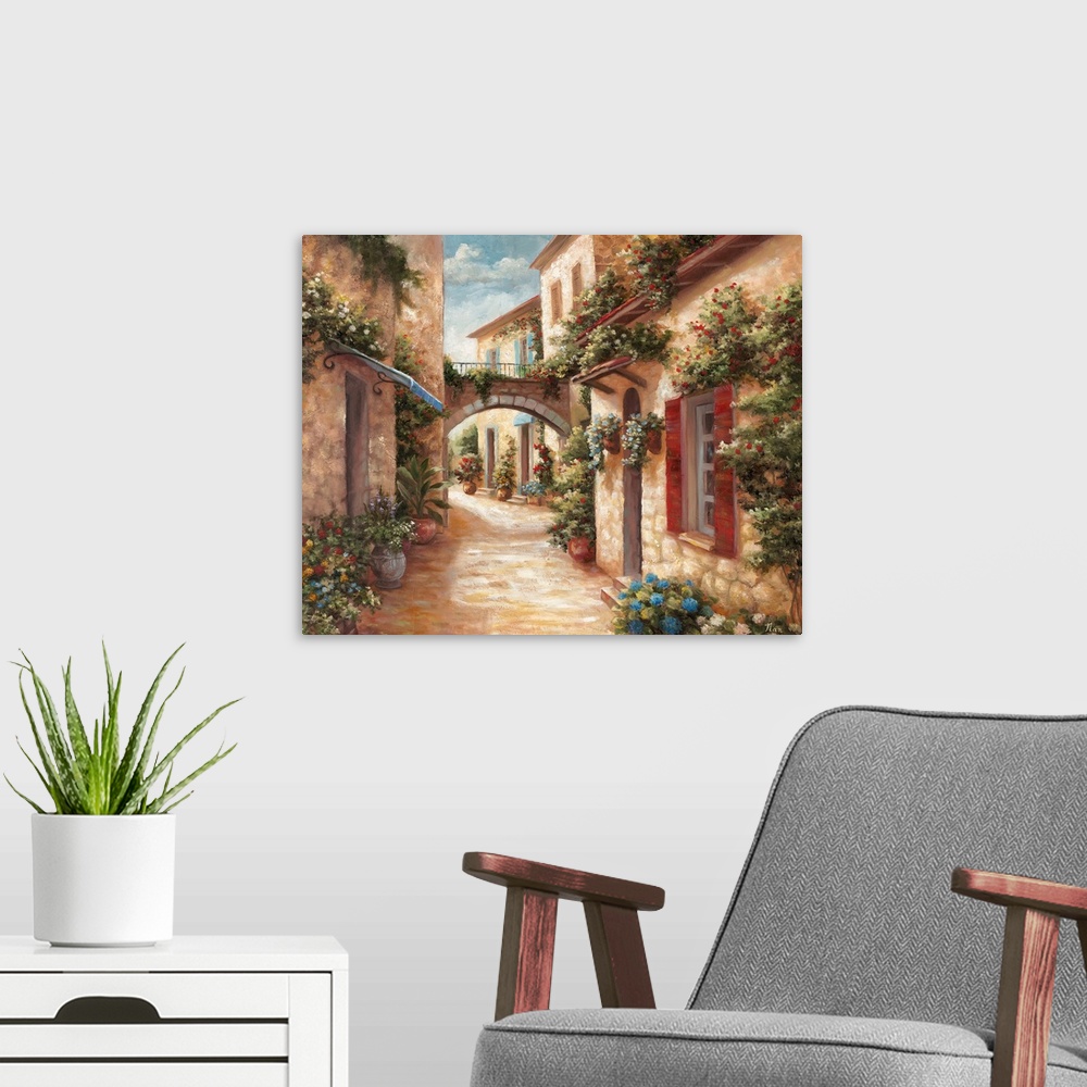 A modern room featuring A traditional style painting of a cobblestone alleyway in an Italian village, with doors and wind...