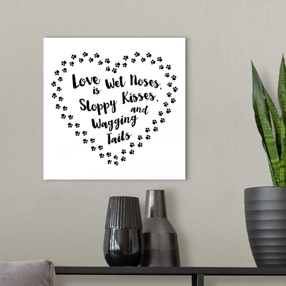 A modern room featuring Humorous sentiment art for dog lovers with a paw print heart.