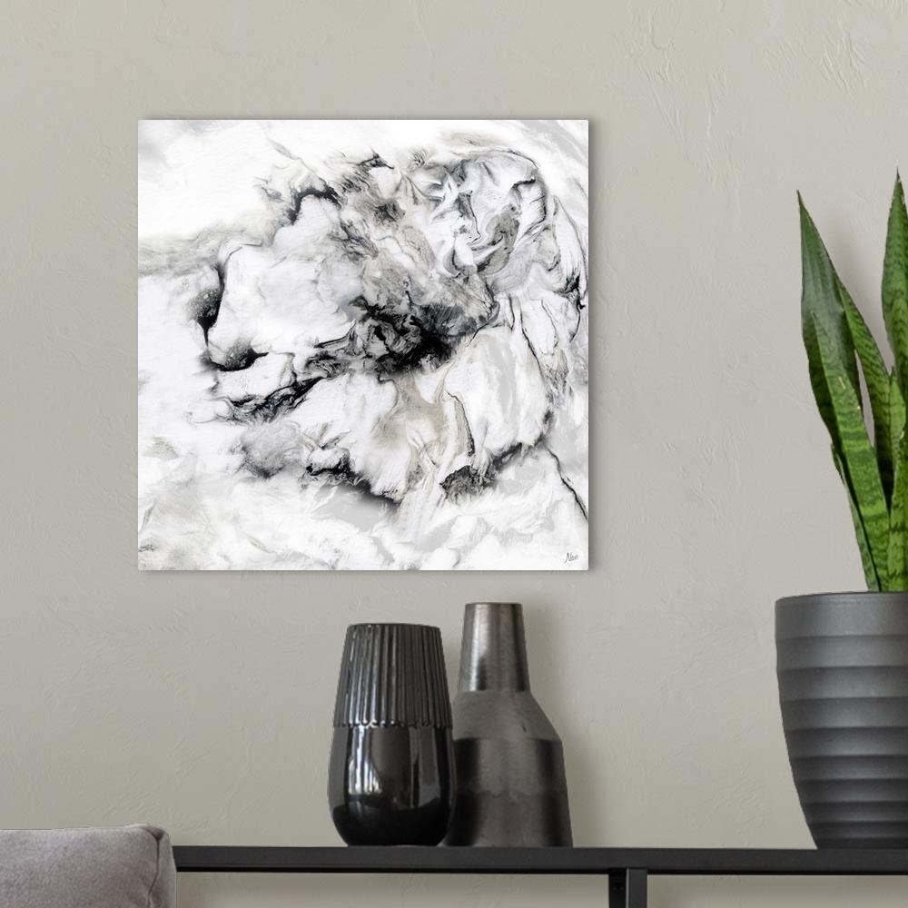 A modern room featuring Black and white art print of a flower with a wavy, marbled effect.