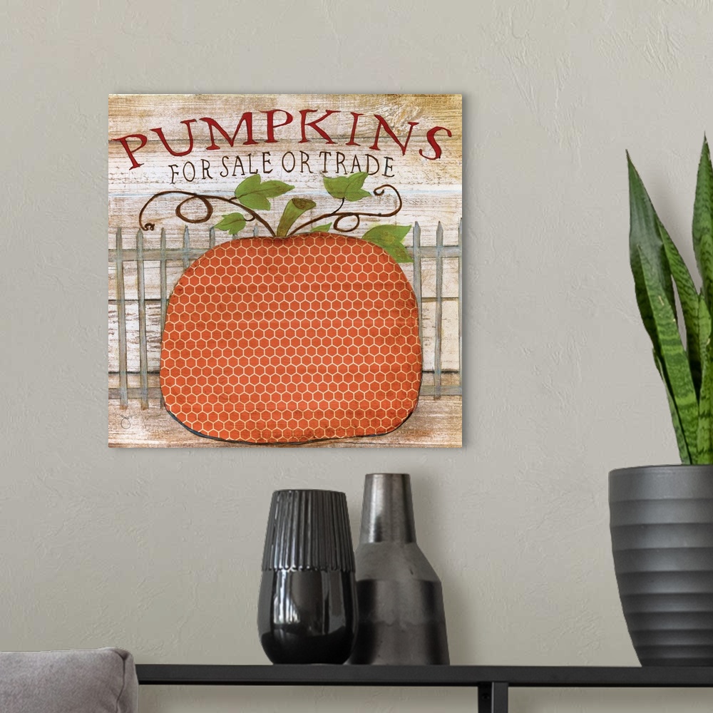 A modern room featuring A painting of a decorative pumpkin with a white picket fence behind it on a wooden background and...