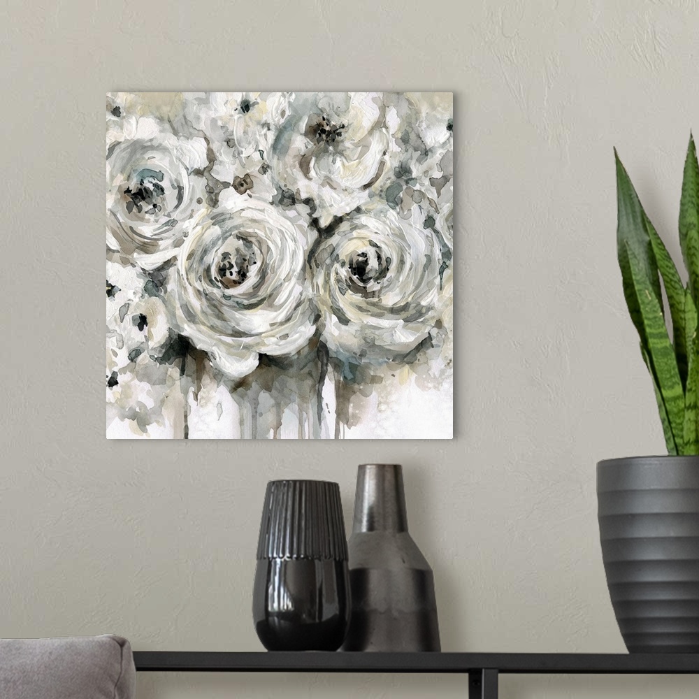 A modern room featuring Square painting of a bouquet of flowers with white and neutral tones.