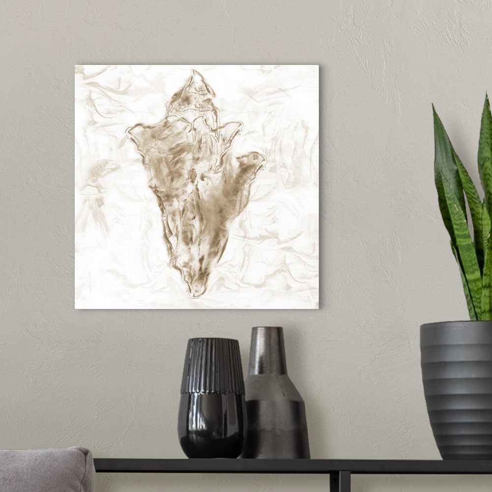 A modern room featuring Square beach themed painting of a conch shell in neutral brown tones with a marbled finish and ba...