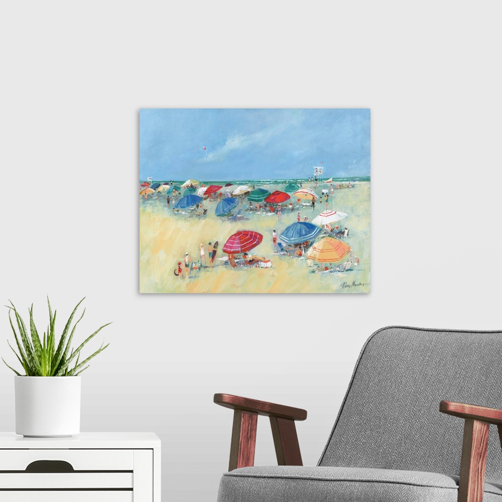 A modern room featuring Contemporary painting of a busy beach filled with umbrellas and summer activities.