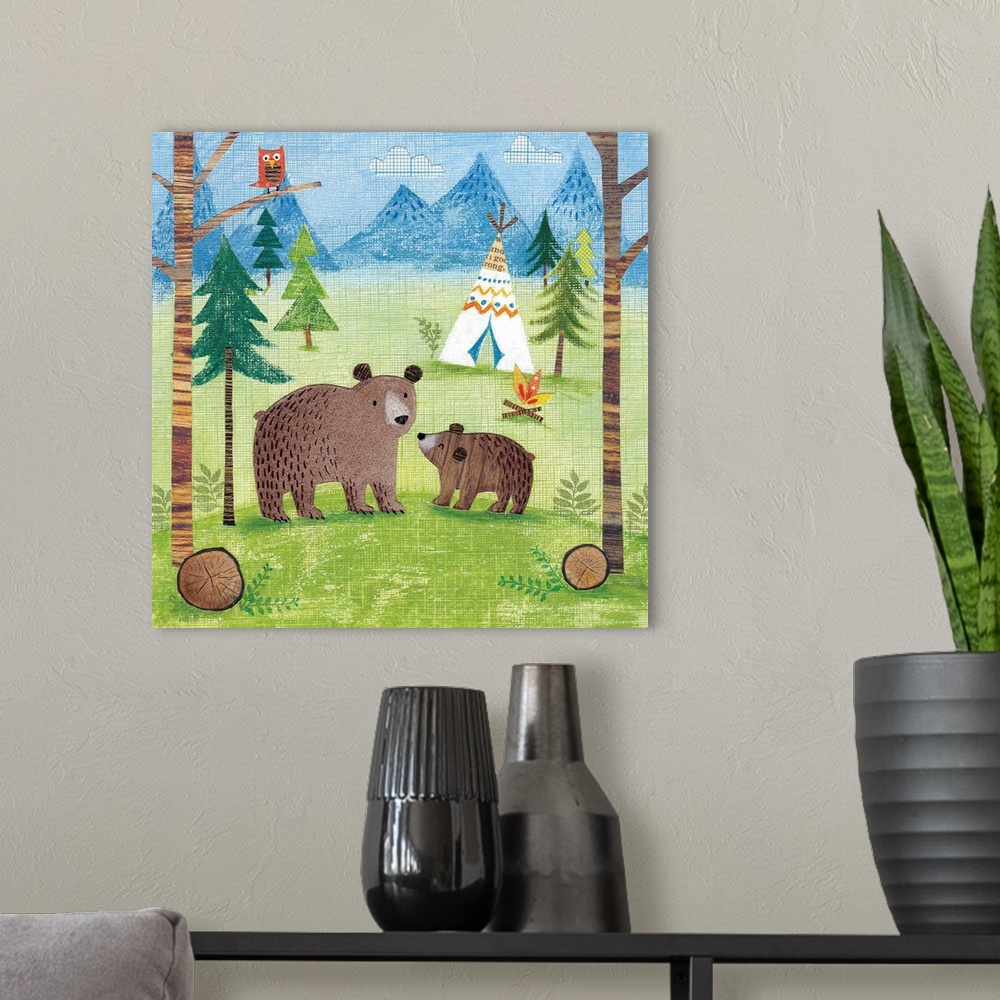 A modern room featuring Woodland Family Bears