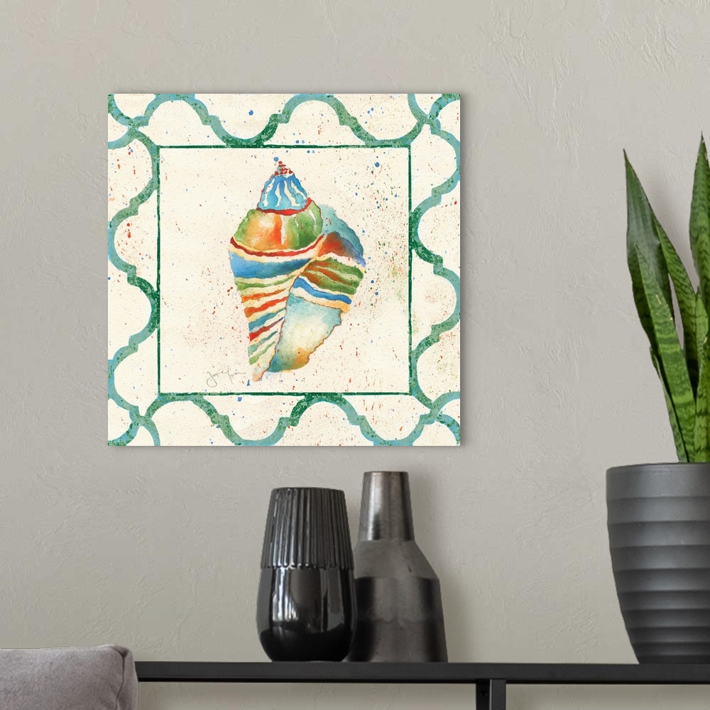 A modern room featuring A conch shell with rainbow stripes and a green border.