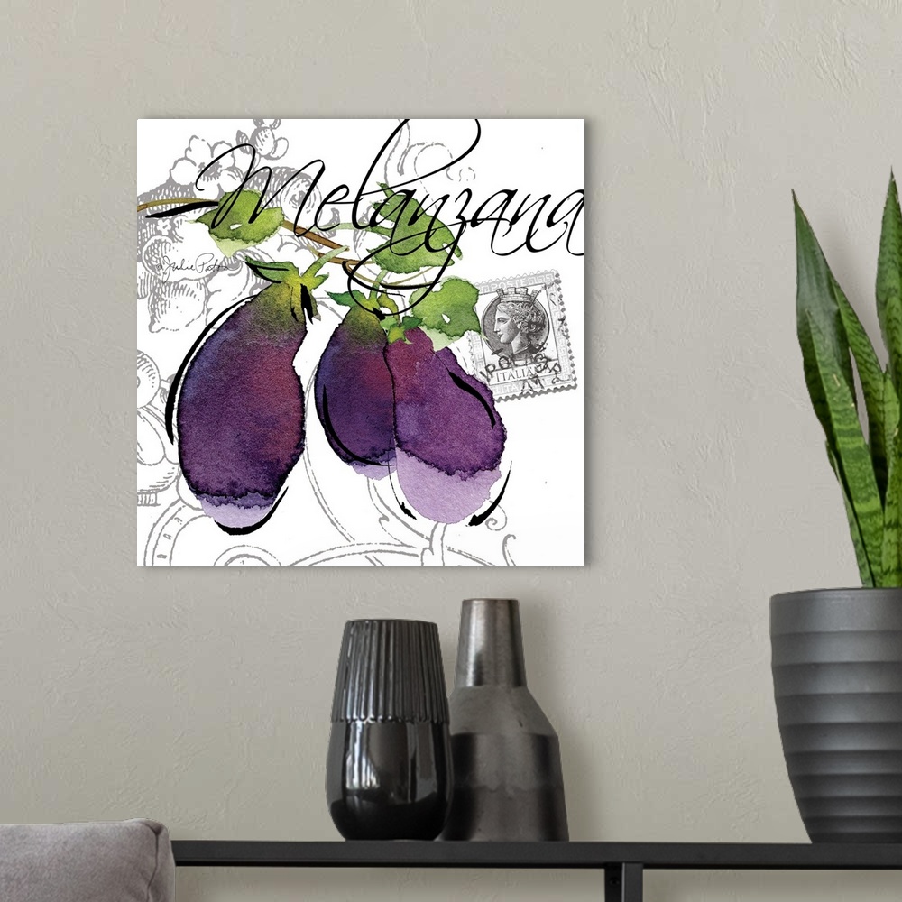 A modern room featuring Square Italian kitchen decor with a painting of eggplants on a white and gray designed background...