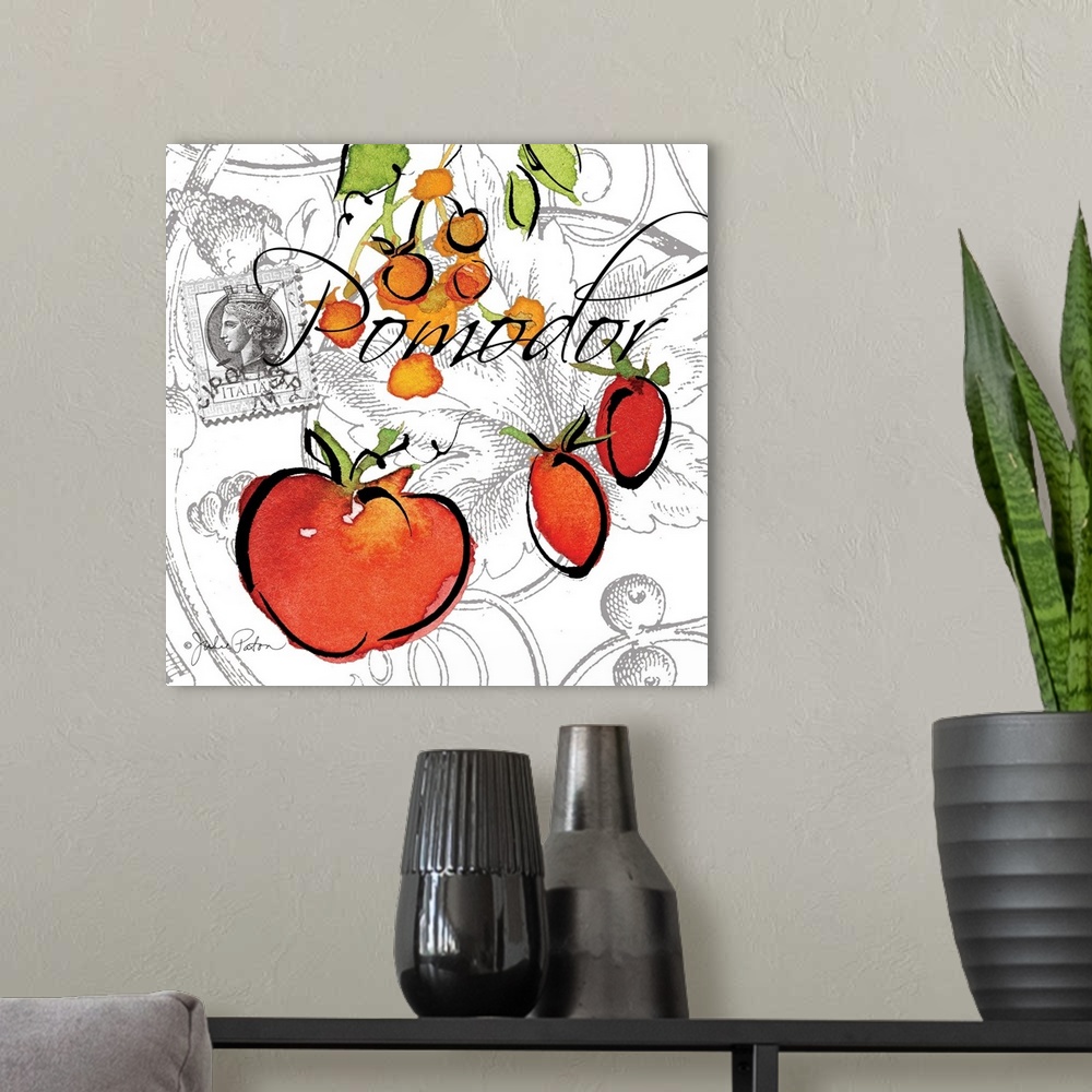 A modern room featuring Square Italian kitchen decor with a painting of tomatoes on a white and gray designed background ...