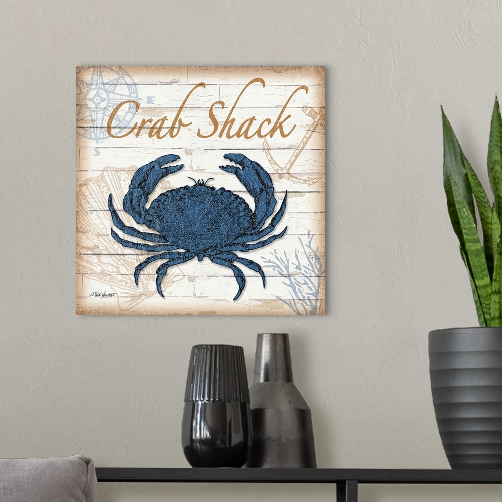 A modern room featuring Blue, gold, and brown square beach decor with an illustration of a blue crab.