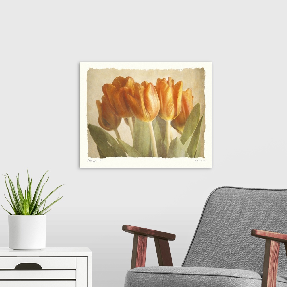 A modern room featuring Soft painting of tulips in the middle of a neutral canvas.