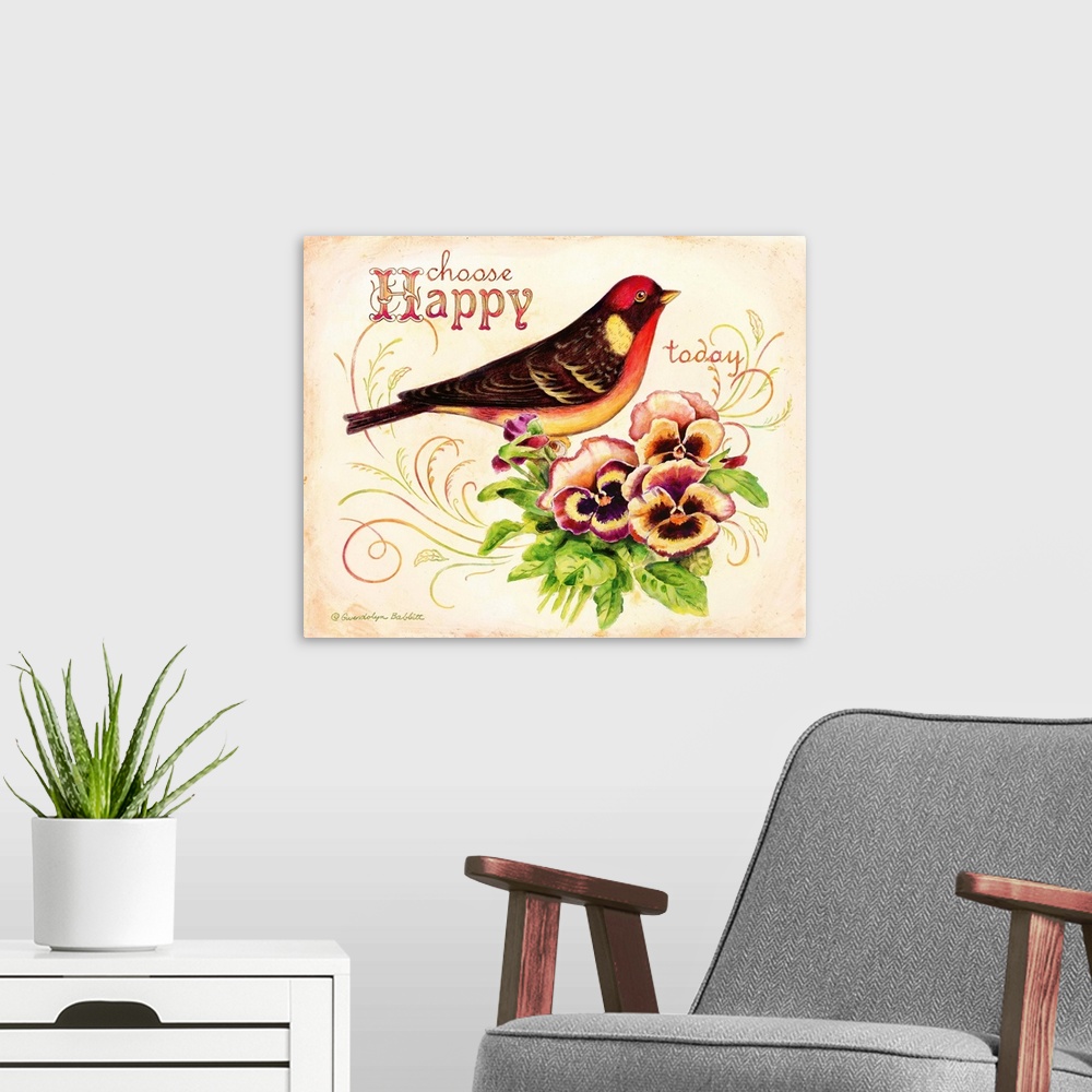 A modern room featuring "Choose Happy Today" handwritten above a painting of a bird next to pansies.