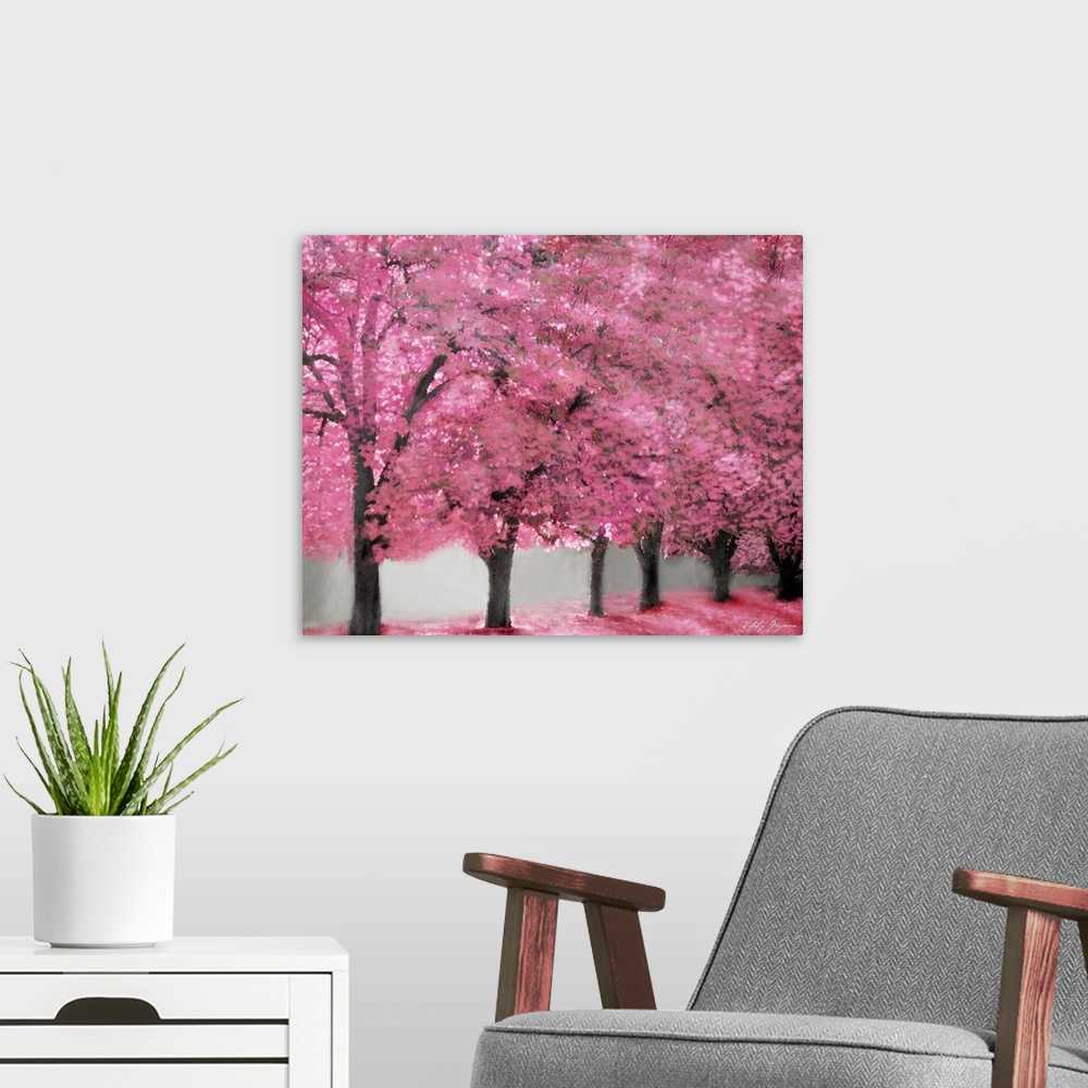 A modern room featuring Giant wall docor of blossoming trees in a line.