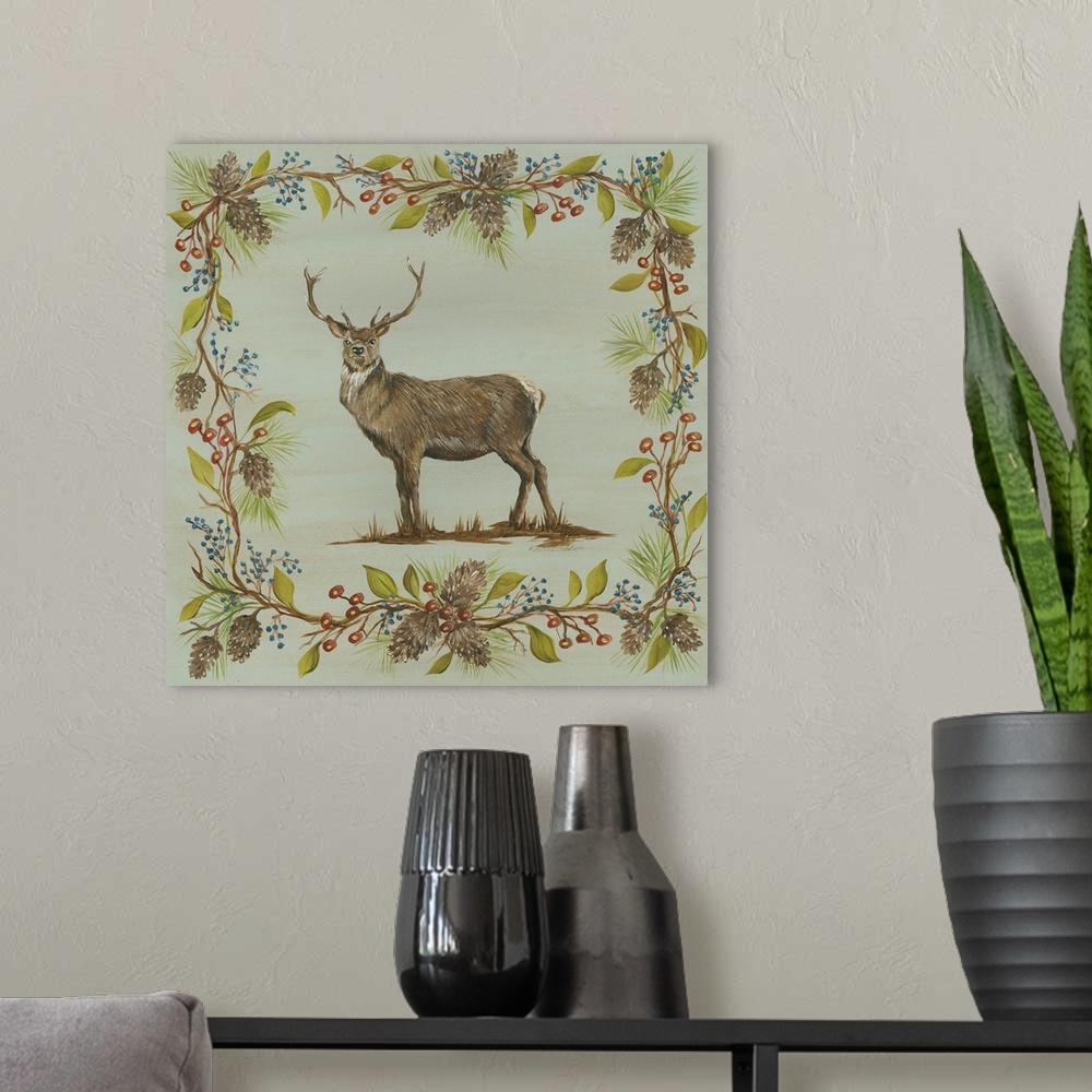 A modern room featuring Square decorative painting of a buck on a blue-green background with a leafy frame with berries a...