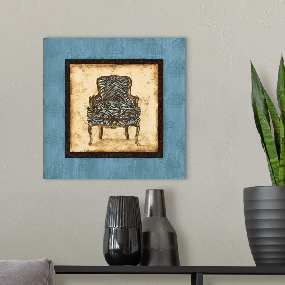 A modern room featuring Square painting with a blue and brown zebra striped chair in the center with a tan background and...