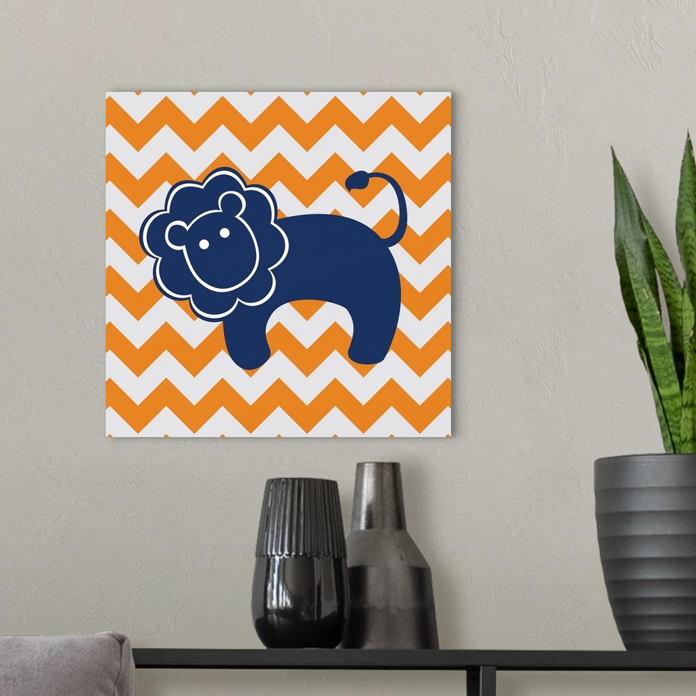 A modern room featuring Whimsical square art with an illustration of a blue lion on an orange and gray zig-zag background.
